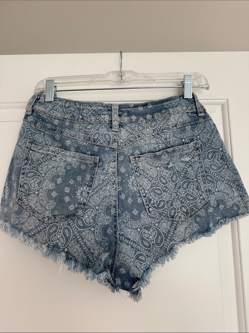 Paisley Print High-Rise Denim Shorts - Blue